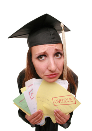 A student in a graduation cap holding multiple overdue papers with a concerned expression. - International Hotel School
