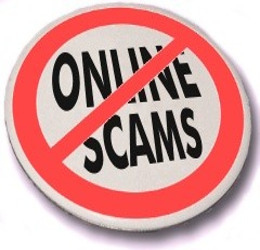 Circular sign with a red border and a diagonal line over the words 'ONLINE SCAMS'. - International Hotel School