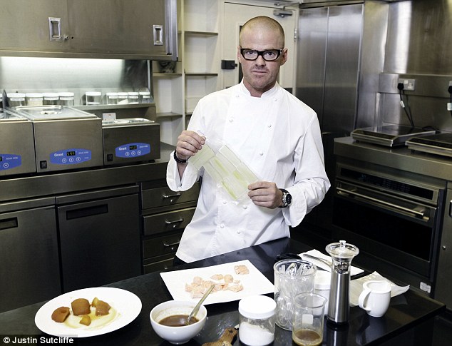 Chef holding a transparent sheet in a professional kitchen setting with various dishes on the table. - International Hotel School