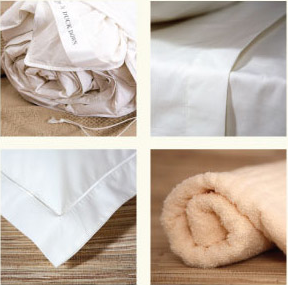 Various linens including a rolled towel, duvet cover, and flat sheets arranged in a grid layout. - International Hotel School