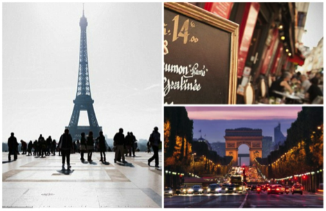 Silhouette of the Eiffel Tower with pedestrians and the Arc de Triomphe in the background. - International Hotel School