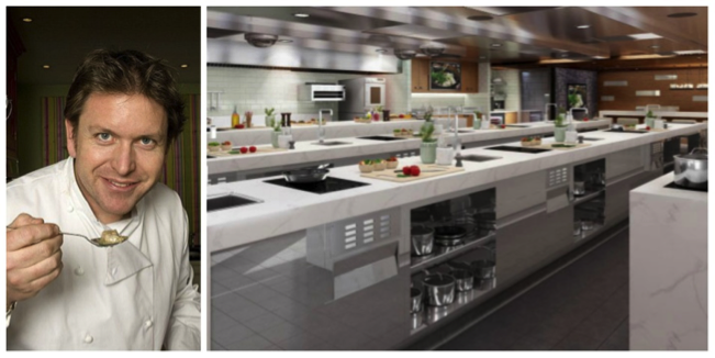 Chef holding a spoon in a contemporary kitchen with cooking stations and ingredients. - International Hotel School