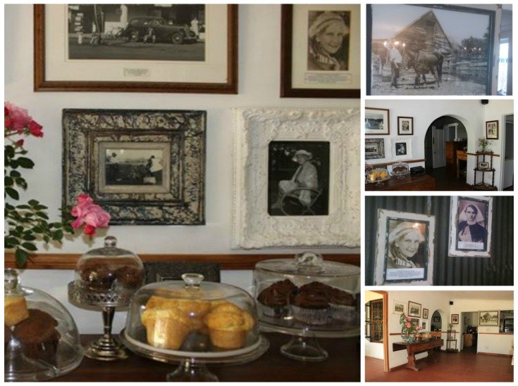 A display of framed historical photographs alongside baked goods in glass containers. - International Hotel School