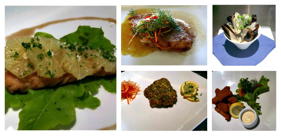 A selection of plated dishes featuring fish, herbs, and garnishes on white plates. - International Hotel School