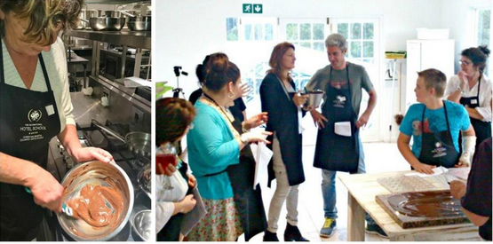 A culinary instructor demonstrating chocolate mixing techniques in a kitchen setting. - International Hotel School