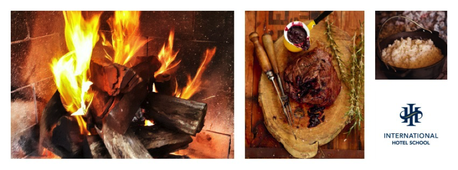 A braai setup featuring firewood and grilled meat on a wooden board. - International Hotel School