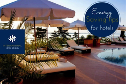 Graphic displaying energy saving tips for hotels with a poolside setting and lounge chairs. - International Hotel School