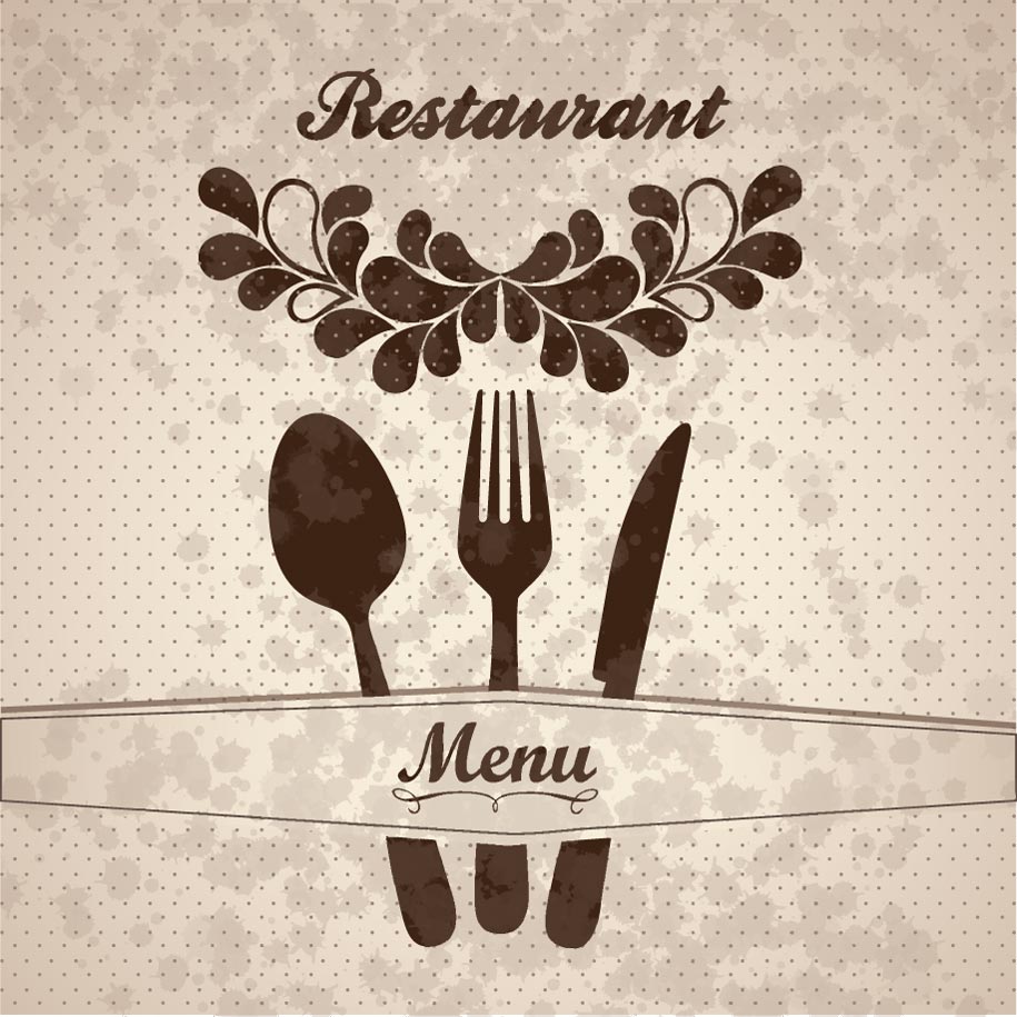 Decorative restaurant menu cover featuring utensils and floral elements in a vintage style. - International Hotel School