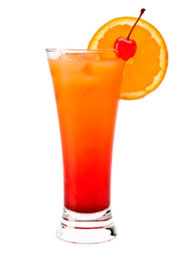 A vibrant cocktail served in a tall glass, garnished with a cherry and an orange slice. - International Hotel School