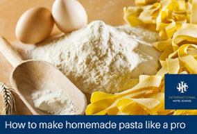 Ingredients for making homemade pasta, including flour, eggs, and fresh pasta. - International Hotel School
