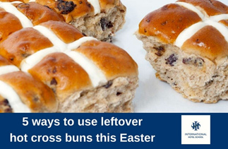 Close-up of freshly baked hot cross buns with a golden-brown crust and white icing crosses on top. - International Hotel School