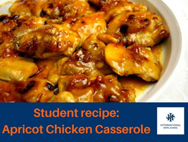 A dish of apricot chicken casserole served in a white bowl with a glossy sauce. - International Hotel School