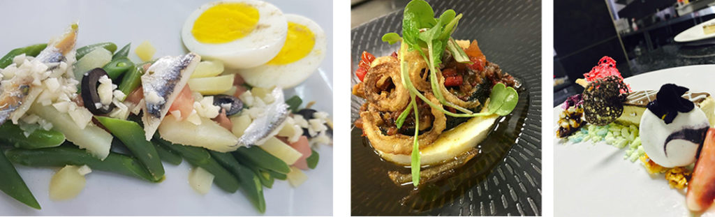 Three culinary dishes featuring vegetables, eggs, and garnishes presented on white plates. - International Hotel School