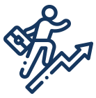 Icon depicting a person ascending with a briefcase, symbolizing career advancement. - International Hotel School