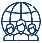 Icon representing global networking with three figures and a globe in the background. - International Hotel School