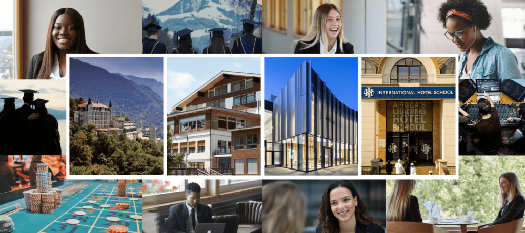 Collage showcasing students and the International Hotel School campus in various settings. - International Hotel School