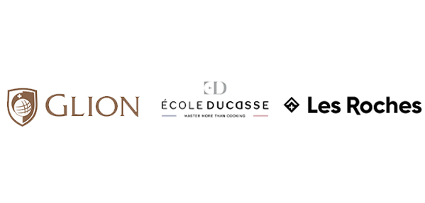 Logos of Glion, École Ducasse, and Les Roches displayed in a horizontal arrangement. - International Hotel School