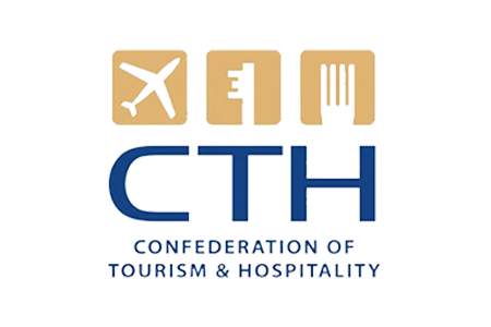 Logo of the Confederation of Tourism & Hospitality featuring symbols of travel and dining. - International Hotel School