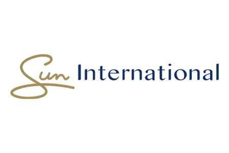 Logo of Sun International featuring a stylized sun and text in gold and blue. - International Hotel School